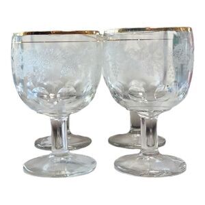 Vintage Gold Rim Wine Glasses Set of 4 Etched Grape Barware Goblets